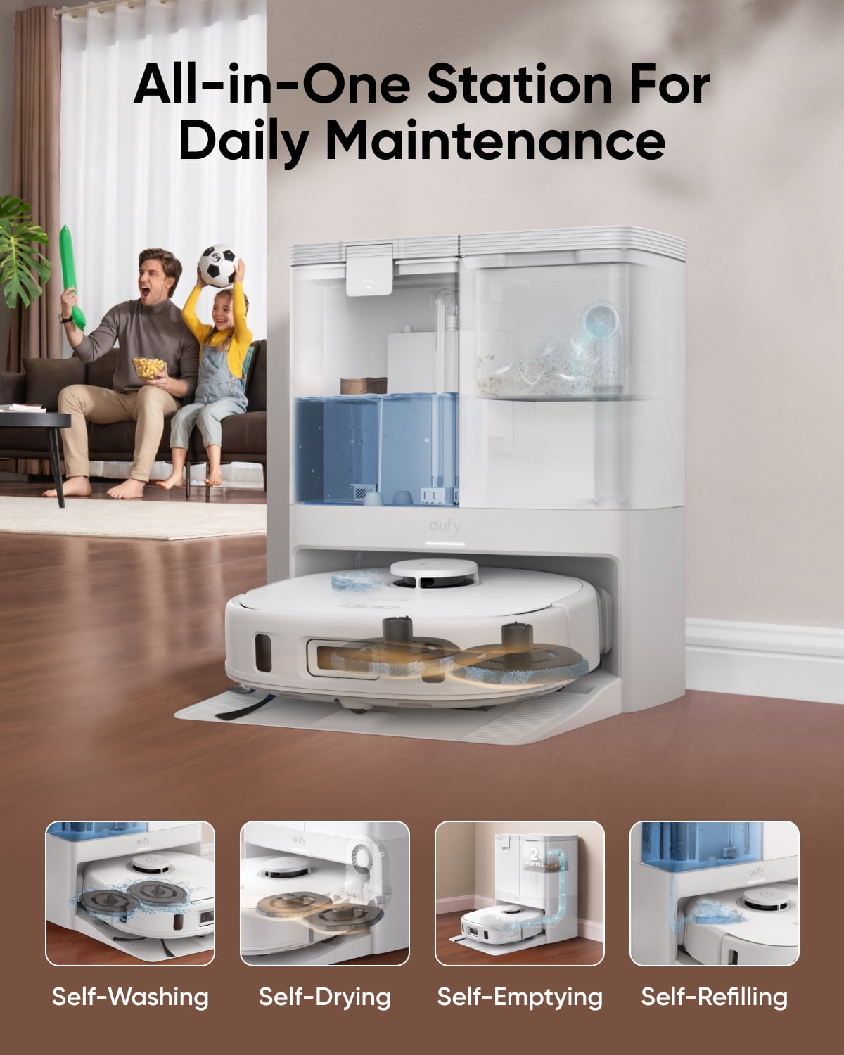 eufy X10 Pro Omni Robot Vacuum and Mop with 8,000 Pa Suction, Dual Mops with 12 mm Auto-Lift and Carpet Detection, AI Obstacle Avoidance, Auto Mop Washing, Auto Drying, Self-Emptying, White