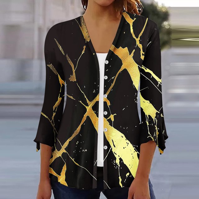 LOVZFMLL Cardigan pour Femmes Cardigan à Boutons Veste Imprimée Manches 3/4 Col Cardigan Imprimé Veste Cardigan Décontractée Veste Cardigan