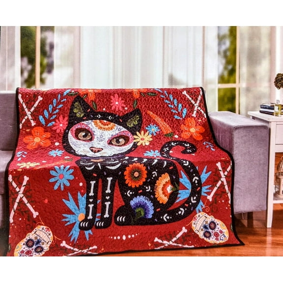 De Leon Collections 63565 60 x 50 in. Sugar Skull Cat Day of the Dead Decorative Throw Quilt Blanket, Multi Color