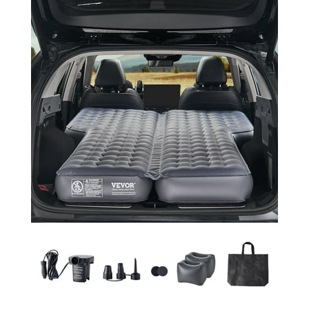 VEVOR Car Air Mattress, Inflatable Car Camping Mattress, Oxford Thickened Travel Beds, Comfortable and Durable Portable Sleeping Pad with Air Pump, Nozzle, Carry Bag, Fits Most SUV MPV Sedan, Gray