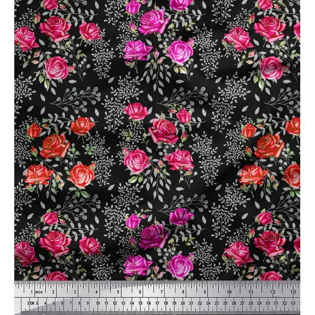 Soimoi Poly Georgette Fabric Leaves & Rose Floral Print Fabric by Yard 52 Inch Wide