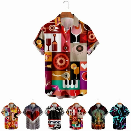 

LANLIN Music Festival Youth Adult Casual Button Down Short Sleeve Polo Shirts Regular Cheap Bowling Shirts for Boys 5-14 Years