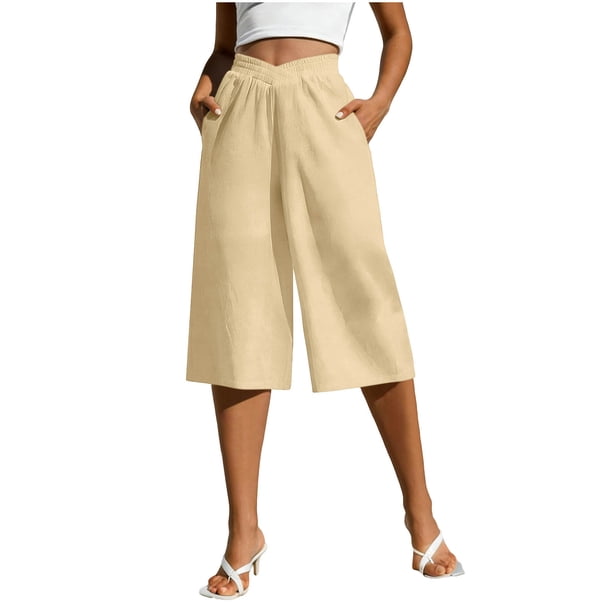 Pantalones de Pierna Recta de Lino para Mujeres Verano Suelto Color Sólido Cintura Elástica con Bolsillos Pantalones de Pierna Recta Casual