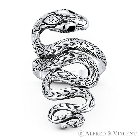 Coiled Snake / Serpent Spirit Animal Long-Charm Right-Hand Statement Gypsy Ring in Oxidized .925 Sterling Silver