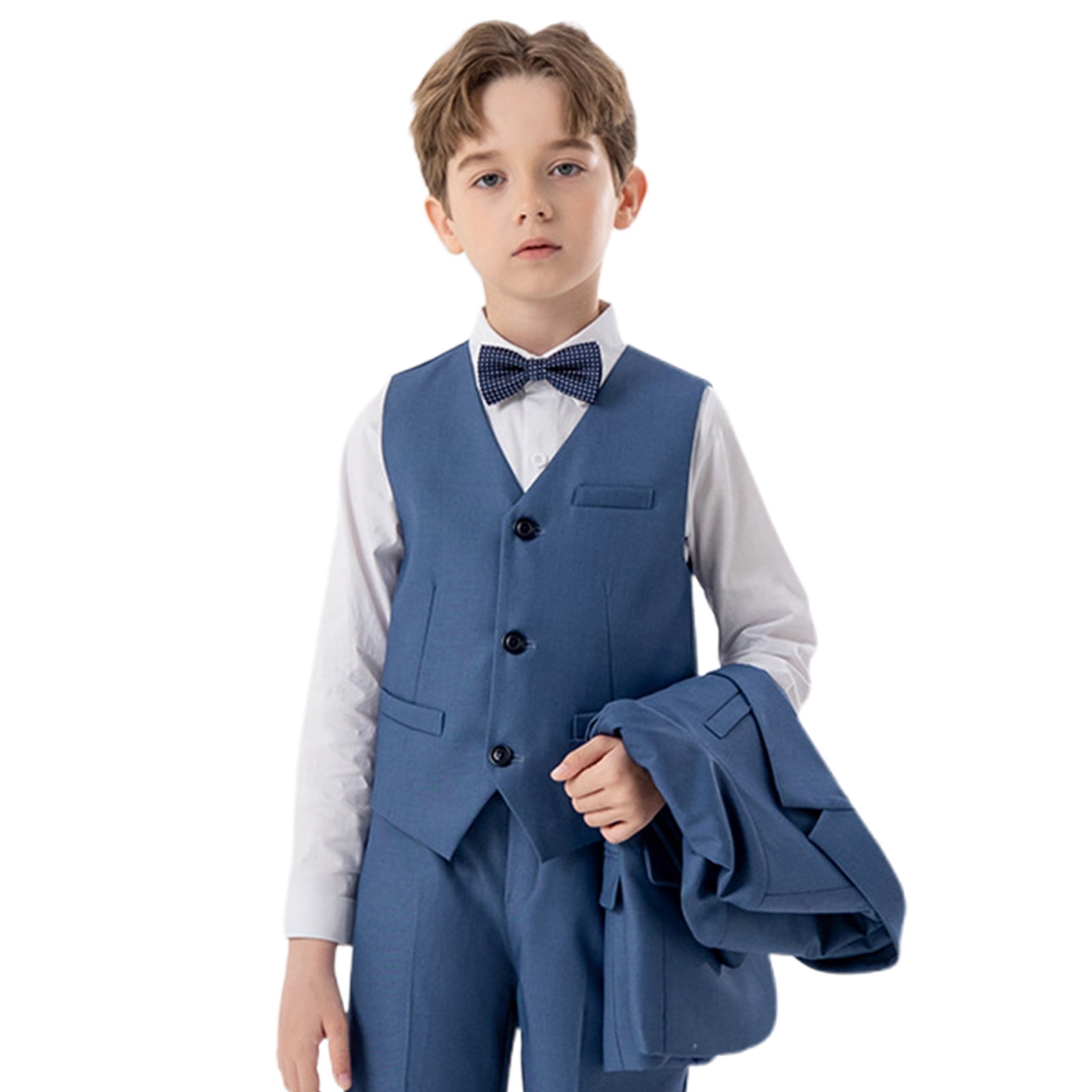 Boys 5 Piece Suit Formal Striped Suit Set Long Sleeve Elegant Coat Vest Bow Tie Long Sleeve Shirt And Pants Outfit For Kids ,Size:6-7 Years