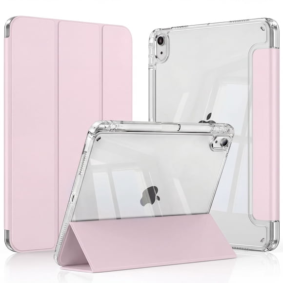 Funda para iPad 10ª Gen 10.9” con Porta Lápiz (Parte Trasera Rígida Transparente, Color Rosa, con Stickers)