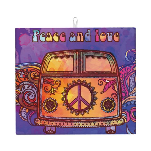 Vsdgher Peace And Love Print Dish Drying Mat, Kitchen Counter Mat, Dish Drying Pad for Dishes, Utensils, Pots and Pans,16" x 18"