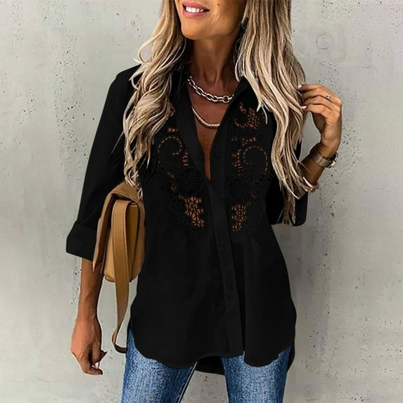 Sevevn Cardigan Sweaters for Women Women Solid Color Lapel Cardigan Embroidered Lace Hollow Out Long Sleeved Shirt Top Deal of the Week Black L