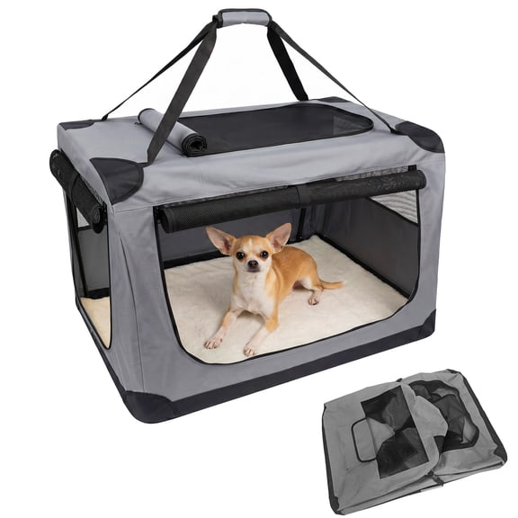 Collapsible Soft Dog Crate for Medium Large Dogs - 3-Door Portable Travel Kennel - Washable 600D Cover, Fleece Bed, Side Pocket, Safety Zippers - Easy Setup Collapsible Pet Cage - Size: M