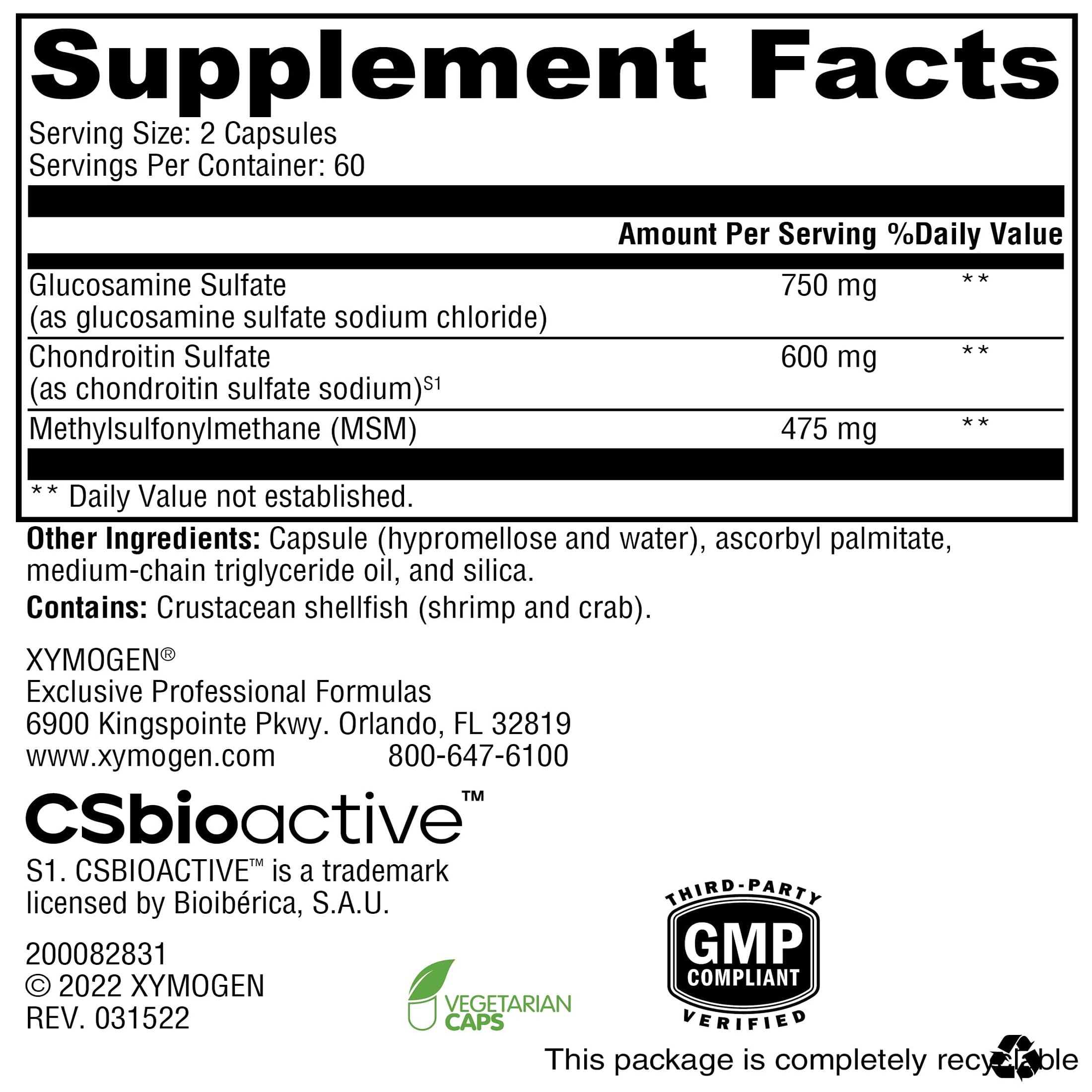XYMOGEN SynovX Recovery - Foundational Joint Support for Movement, Comfort & Recovery - Glucosamine Sulfate & Chondroitin + MSM - 120 Capsules