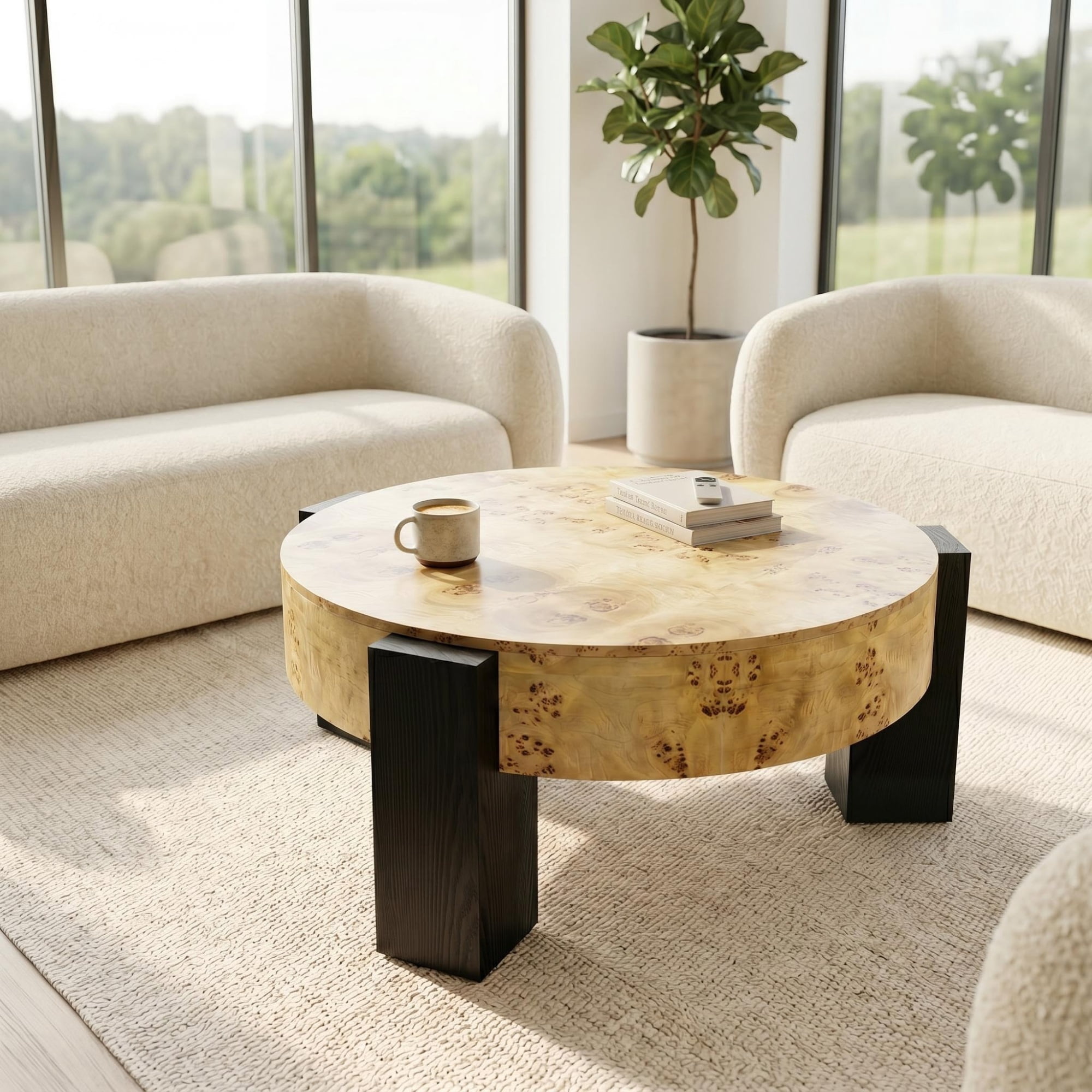 1PCS Round Coffee Table with Hidden Storage Compartment, Modern Wood Veneer Accent Center End Table with 3 Block Legs