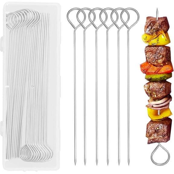 20 PCS 8 Inch Stainless Steel BBQ Kabob Skewers with Storage Box, Metal Reusable Grilling Skewers for Turkey, Shrimp, Chicken, Fruit, Vegetable, Meat, Beef