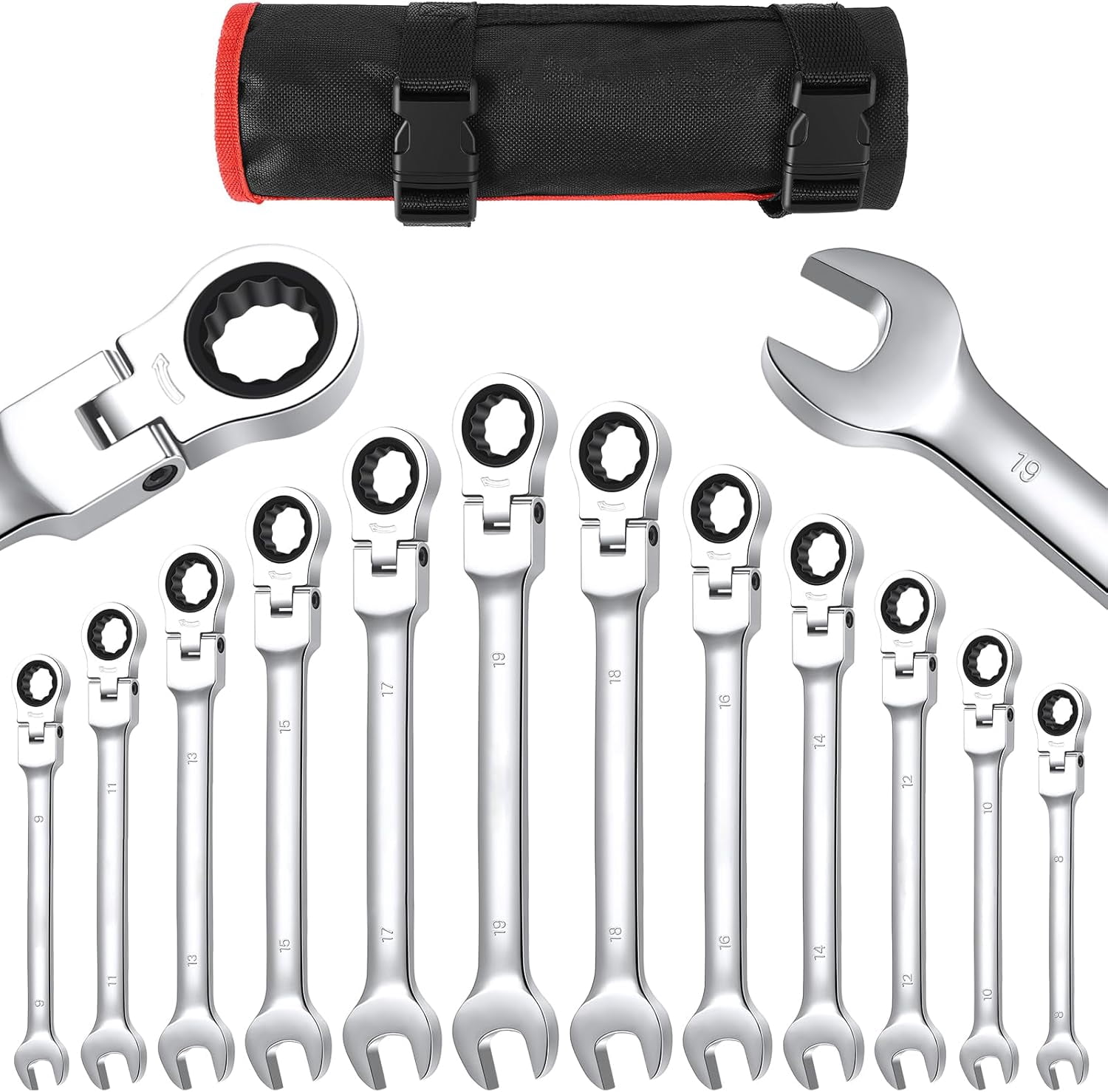 M optimized 12PCS Flex Head Ratcheting Wrench Set, Ratcheting Combination Set, Metric 8-19mm, 72-Teeth, Cr-V Steel Ratchet Wrenches Set with Storage Bag