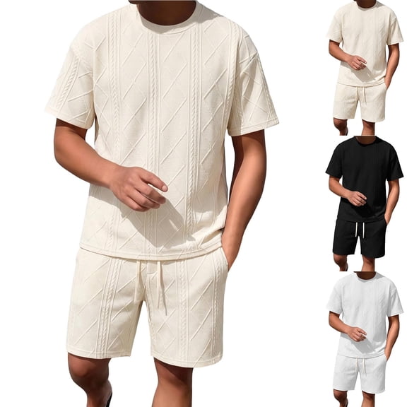 Men 2 Piece Textured Tracksuit Set, Diamond Jacquard Crew Neck Short Sleeve T-Shirt and Drawstring Elastic Waist Shorts Summer Casual Loungewear Size M-5XL Beige