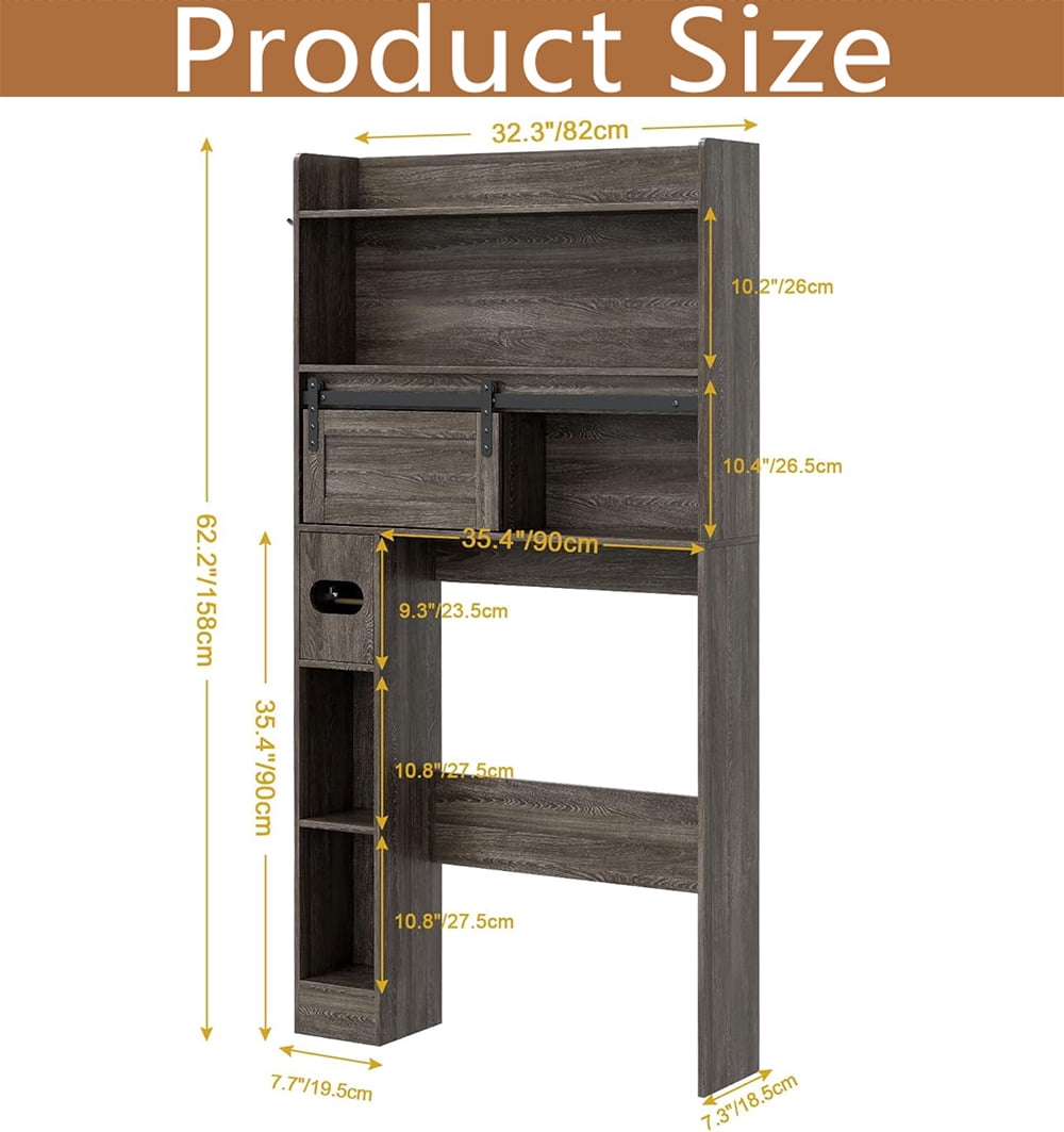 MIDOQIN Over The Toilet Storage Cabinet, Farmhouse Wooden 6-Tier Bathroom Organizer with Adjustable Bottom Bar Home Space-Saving Toilet Rack