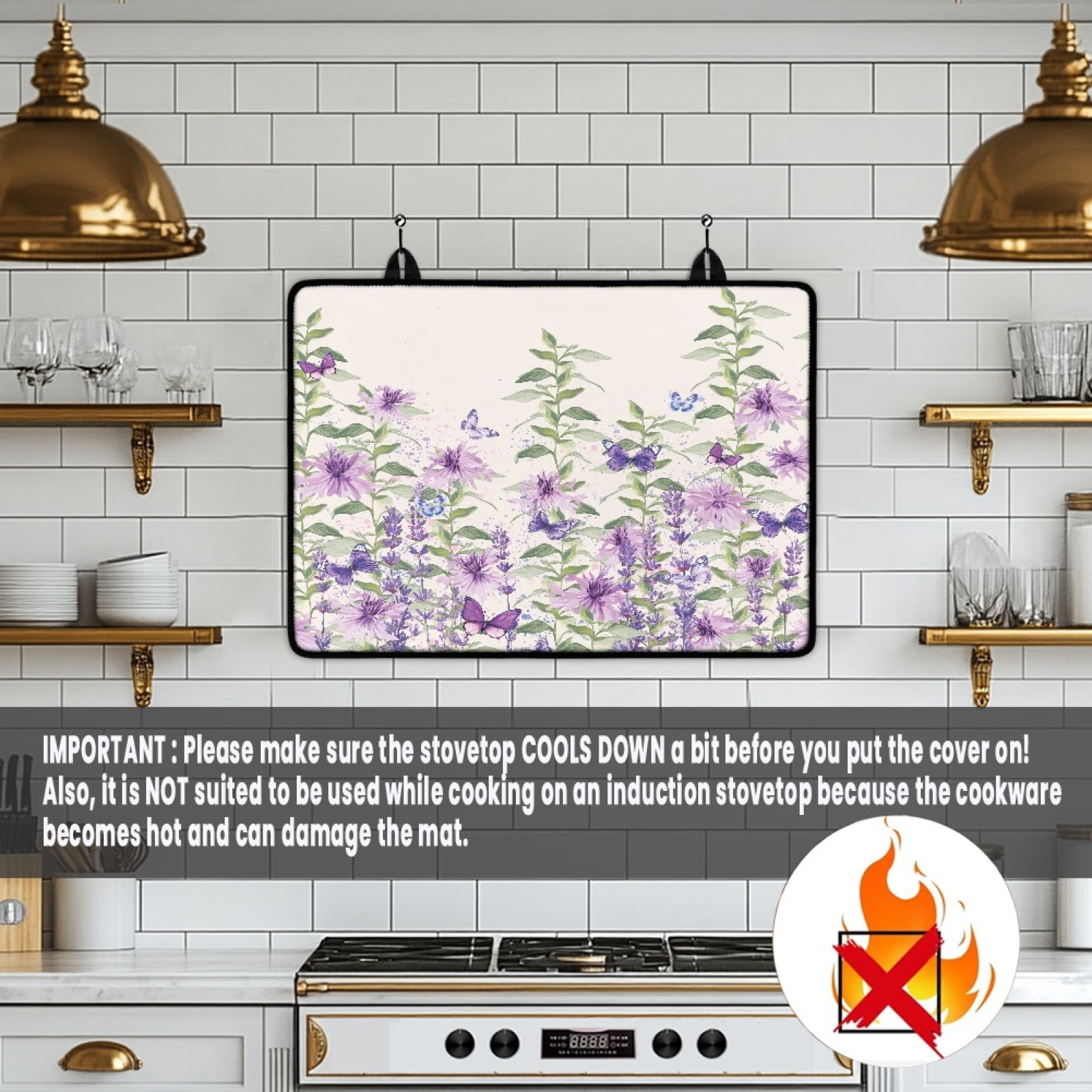ZIATUBLE Induction Cooktop Cover Multipurpose Electric Stovetop Cover Glass Ceramic Top Stove Cover Range Cover Protector for Electric Stove, 29 x 21 Inch, Butterfly Flower Beige