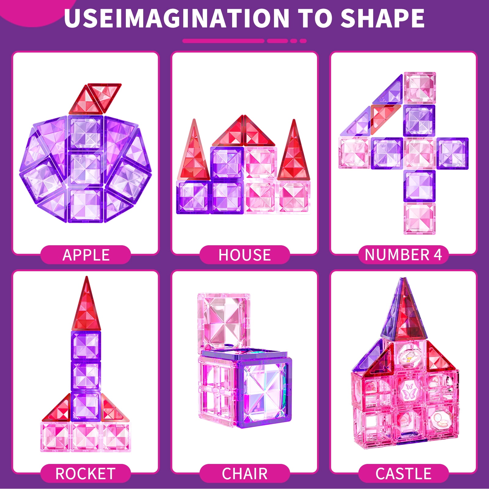 Lucky Doug 66 PCS Magnetic Tiles for Kids Girls, Construction STEM Building Blocks Educational Toy, Building Toys for Girls Ages 3+