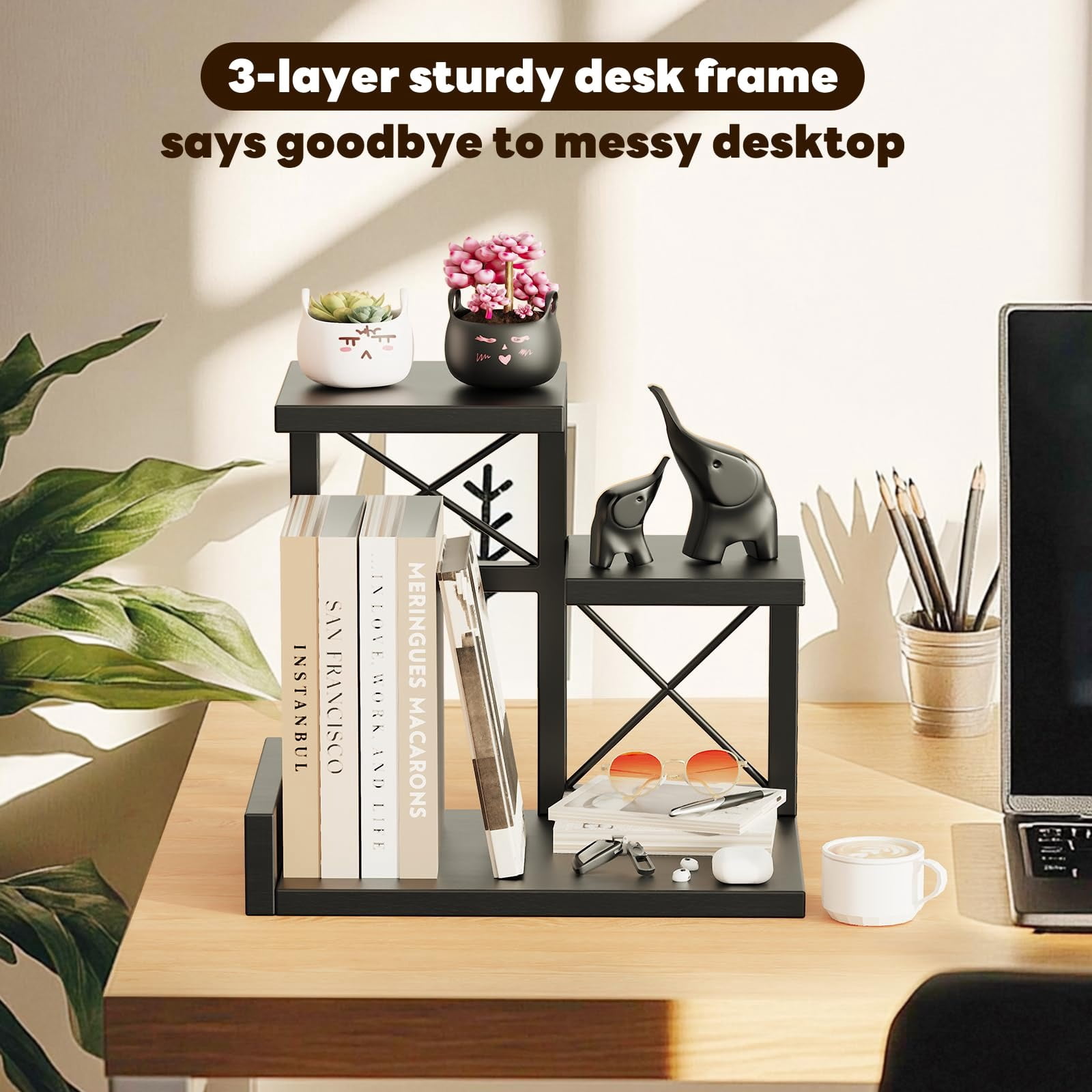 3-Tier Wood Desk Shelf Organizer Riser, 12.6 Inch Compact Desktop Hutch Storage Display Stand Set