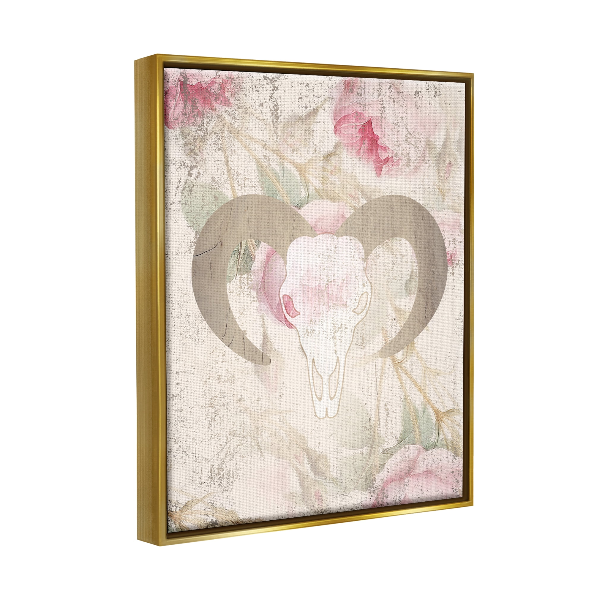 Stupell Industries Goat Skull Floral Rose Blooms Animals & Insects Painting Gold Floater Framed Art Print Wall Art