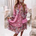 thumbnail image 4 of Women's Long Sleeve Dress Print A-line Elegant Pleated Casual Beach Skater Dress Flared Sleeve V-Neck Midi Dresses, 4 of 9