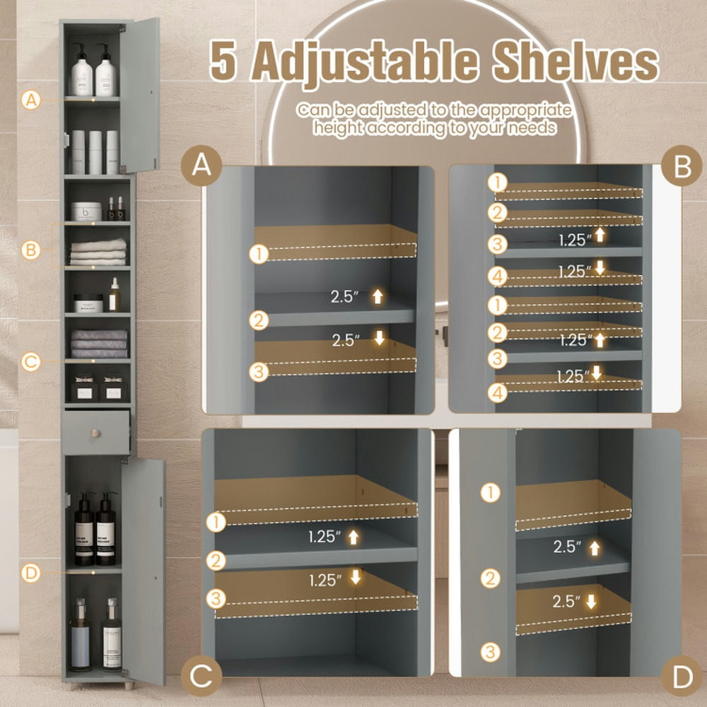 Finihen Bathroom Storage Cabinet, Bathroom Floor Cabinet, Freestanding Slim Bathroom Cabinet with Drawer and Adjustable Shelves, for Bathroom, Living Room, Bedroom, Kitchen, Gray