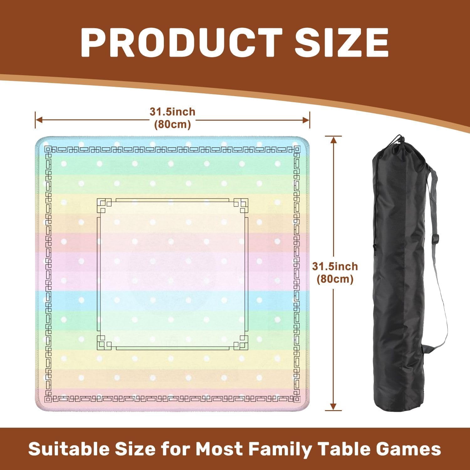 Mahjong Mat 31.5" x 31.5" Pastel Stripes White Polka Dots Design Non-Slip Noise Reduction Mahjong Tiles Table Cover for Dominoes Poker Card Board and Tile Games
