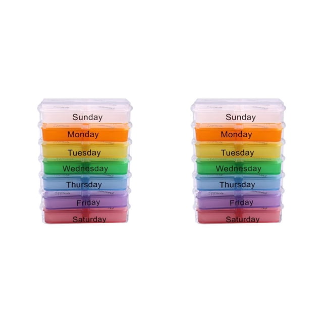 ziyahi Weekly Pill Box Colorful 7-day Daily Dispenser with 28 Grids Multi-Color 6*4*1.5Cm 2Set