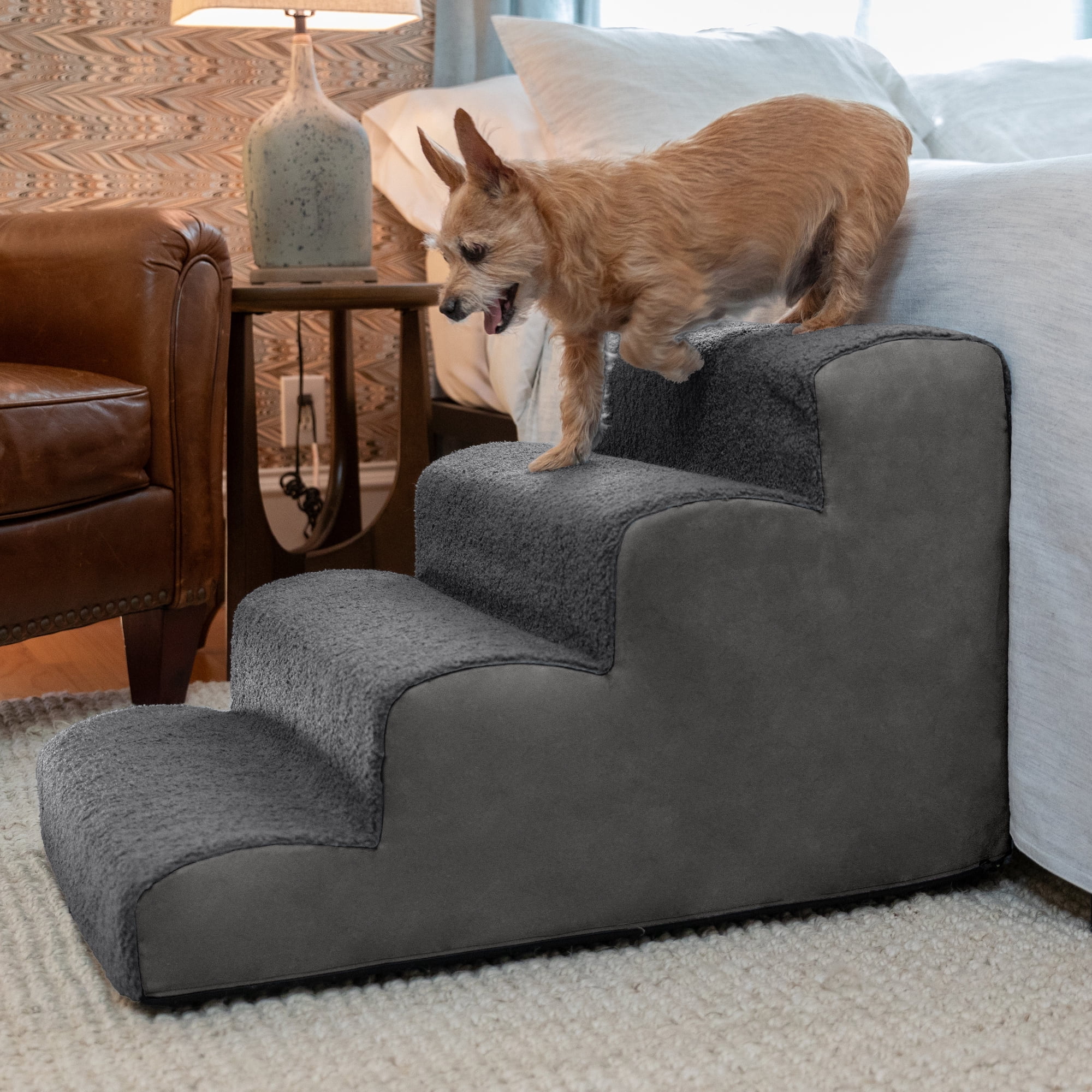 Dubb Pet Steps - Orthopedic Foam Pet Stairs with Sherpa Cover - 4 Stairs, Grey & Charcoal