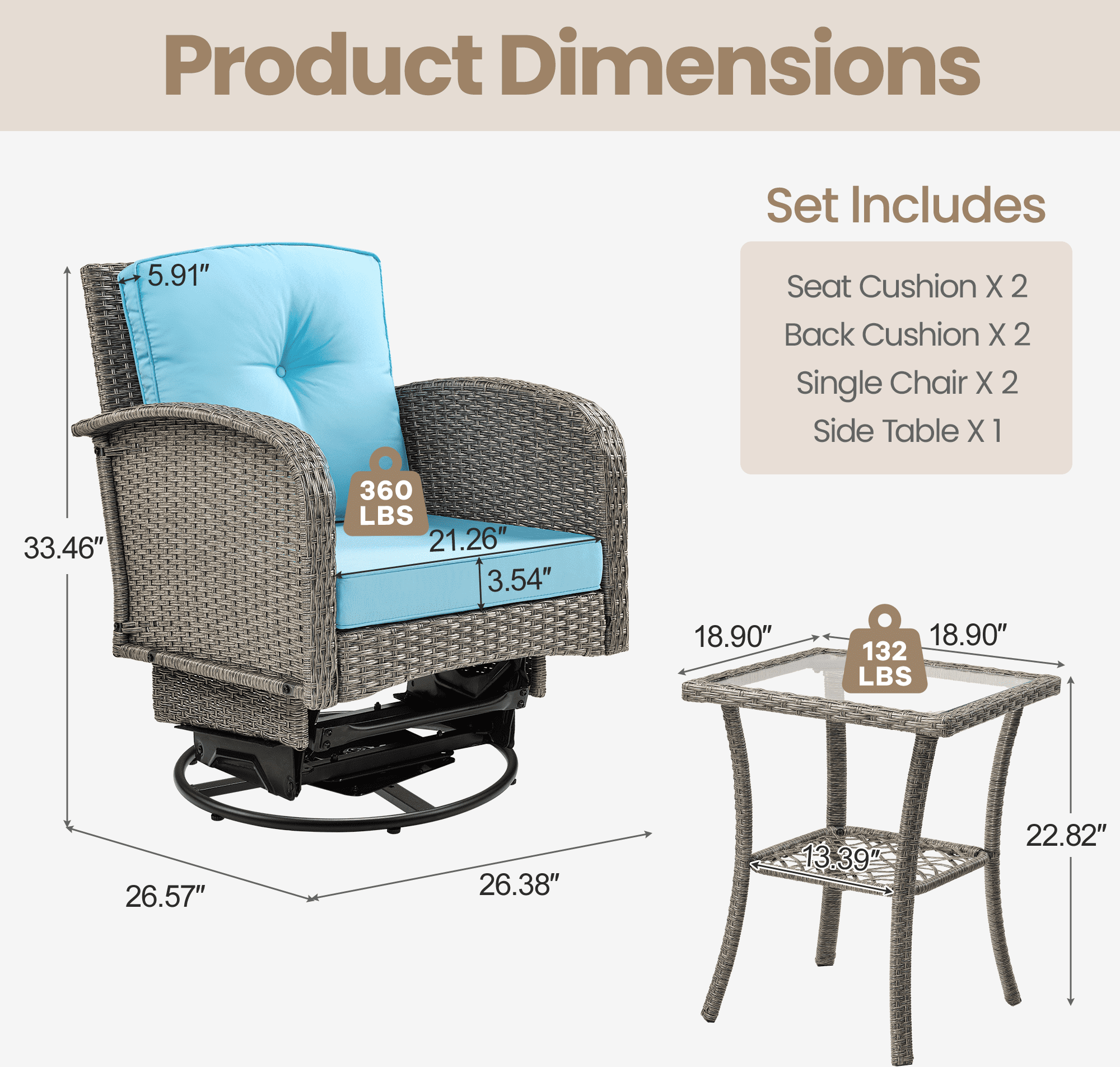 Segmart 3pcs Patio Furniture Set, Rattan Wicker Outdoor Rocking Chair with Coffee Table, Porch Deck Swivel Furniture with Cushions, for Deck Balcony