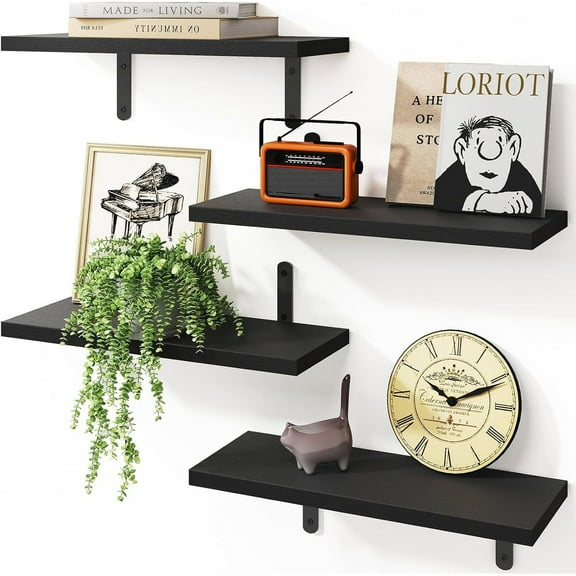 Set of 4 Kitchen Wall Shelf Rustic Wood Floating Shelves for Living Room Bathroom Bedroom, 16 Inch Black