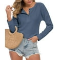 thumbnail image 2 of Button Up Waffle Top V Neck Breathable Knit Casual Loose Long Sleeve Tunic Top for Women Denim Blue M, 2 of 7