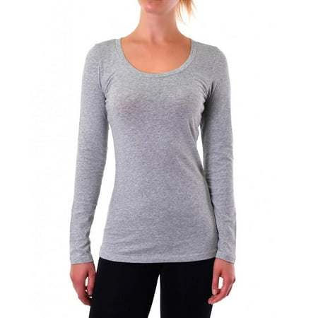 Gray Long Sleeve Shirt - Basic Grey Long Sleeve Top T-Shirt Stretch Tight Fit Crew Neck Junior Women SLM