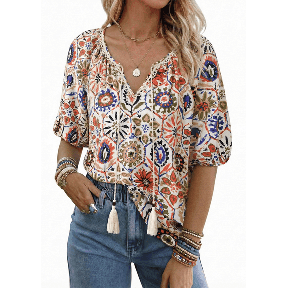 SOMER Women's Boho Tops Casual Short Sleeve Floral Print Blouses V Neck Tie Front Flowy Shirt for Going Out, Beach, 2026 Summer Trendy