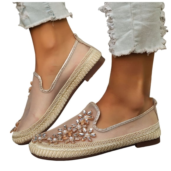 Dakaela Mesh Ballet Flats for Women Rhinestone Flower Decor Slip on Loafers Dressy Comfortable Casual Shoes for Wedding Bridal Work Gold,8