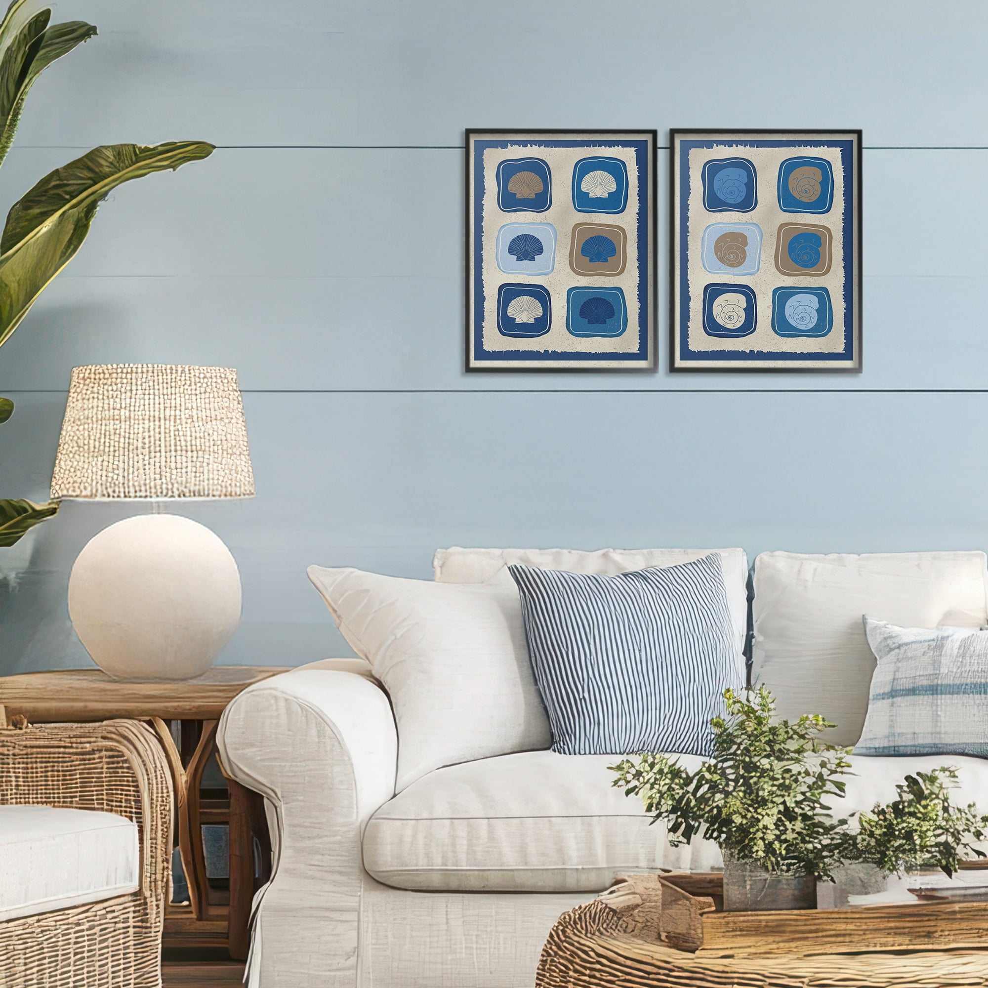 Stupell Industries Blue Blocked Seashells 2 Piece Black Framed Giclee Art Set, design by Julia Frost