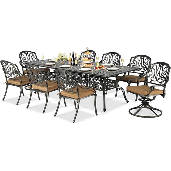 SOCIALCOMFY 9-Piece Patio Cast Aluminum Dining Set, Outdoor Dining Furniture Set for 8 Person, Includes 94.5" Rectangular Dining Table, 6 Stationary, 2 Swivel Dining Chairs with Umbrella Hole, Tan