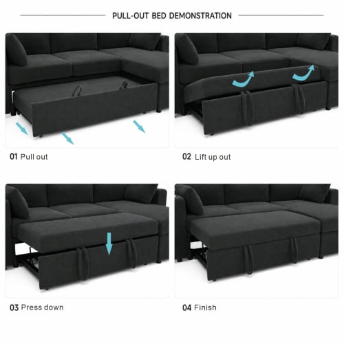 82.5" Convertible L-Shaped Pull-Out Sectional Sofa Bed with Storage Chaise, Cup Holders, and 2 Pillows, Modern Foil Fabric Sleeper Sofa for Living Room, Apartment, Dark Gray