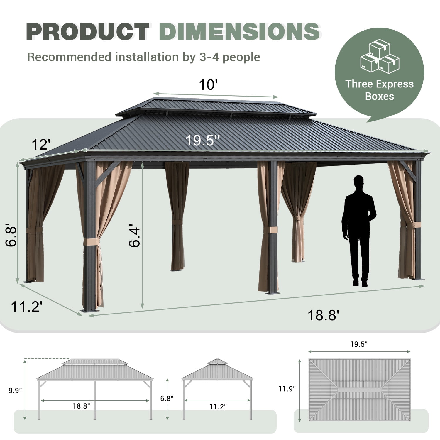 Vineego 12x20 Ft Hardtop Gazebo with Netting and Curtains Heavy Duty Double Roof Galvanized Steel Outdoor Combination for Patio,Backyard,Deck,Lawn