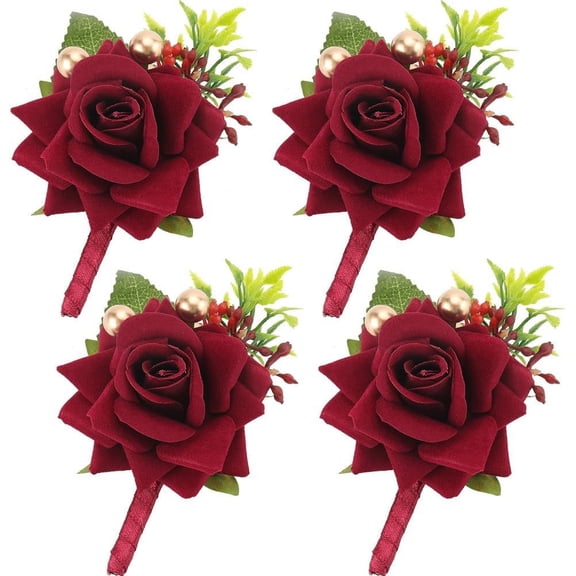 4Pcs Rose Corsage Dark Red Silk Plastic Imitation Flower with Green Leaf Corsage Boutonniere Brooch Set for Groomsmen Bride Bridegroom Bridesmaids Prom Rustic Vintage Wedding Decoration
