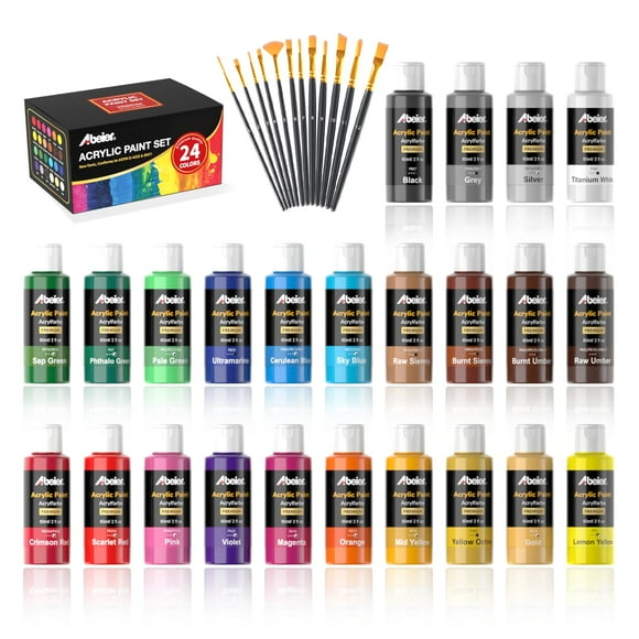 ABEIER Ensemble de Peinture Acrylique, 24 Couleurs (60ml/2oz) avec 12 Pinceaux, Non Toxique, Imperméable, Couverture Forte pour Enfants Adultes Débutants Étudiants, Peinture sur Toile Pierre Bois Fabri
