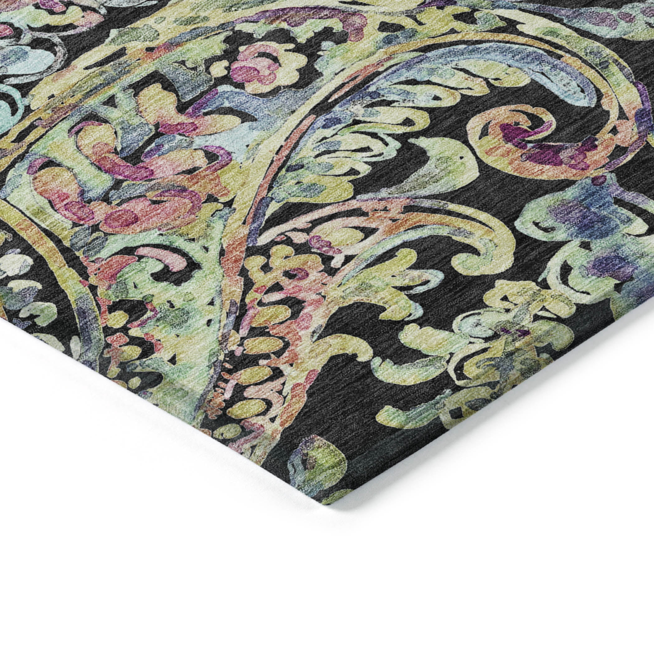 Addison Rugs Chantille Indoor/Outdoor Transitional Paisley Black Washable Round Rug, 8' x 8'