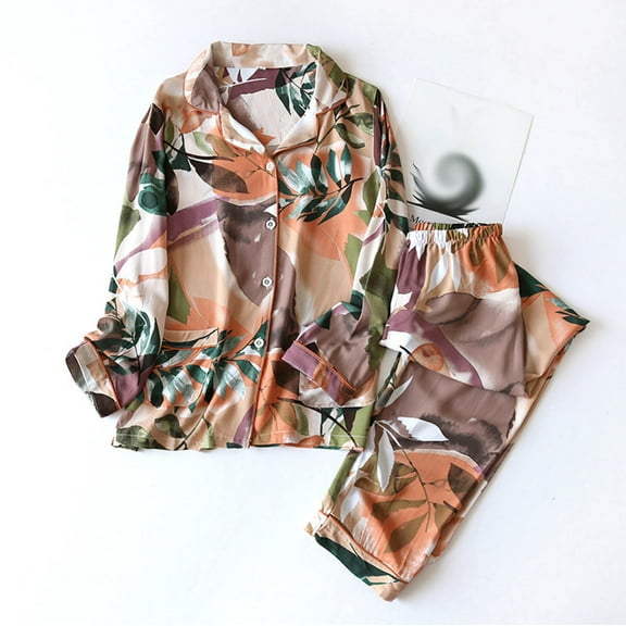 BONIXOOM Pajamas For Women Matching Christmas Pajamas Sleepwear None Long Sleeve Sleepwear Sets Floral Orange XL