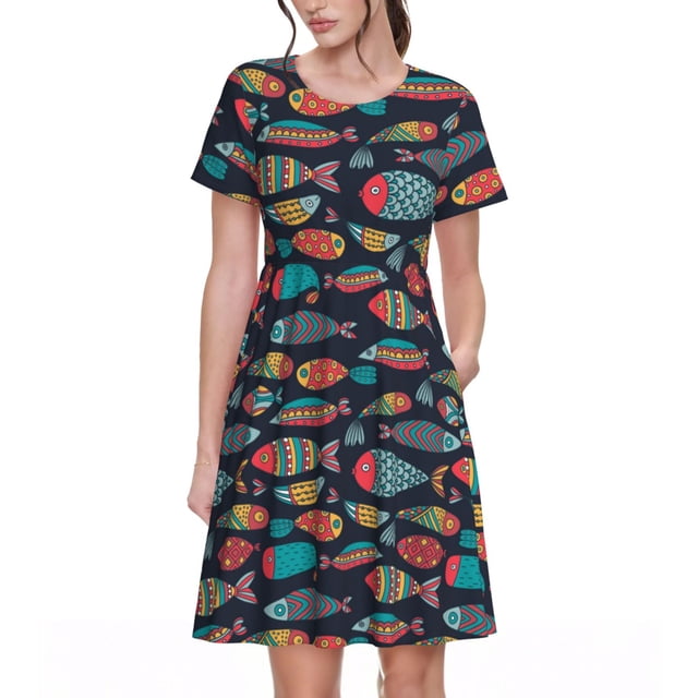 Bixox Robe d'Été à Manches Courtes pour Femmes Robe Ample Longueur Genou avec Poches-Coloré Poisson