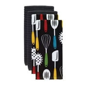 Solid and Print Kitchen Towel, Four Pack, Utensils