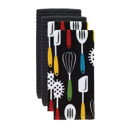 Solid and Print Kitchen Towel, Four Pack, Utensils