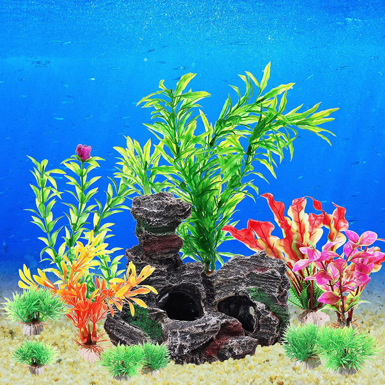 11 Pieces Aquariums Plants Decorations Simulation Plastic Hydroponic Plants Small and Large Artificial Aquarium Plants with Cave Rock for Betta Fish Tank Plants and Resinous Rockery