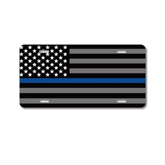 DistinctInk Custom Aluminum Vanity License Plate for Front of Car - Thin Blue Line US Flag Law Enforcement