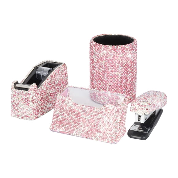 Bling Crystal Luxury Handmade Diamond Round Pencil Pen Pot Holder & Stapler & Card Holder & Desktop Tape Dispenser Office Stationery Kit for Fashion