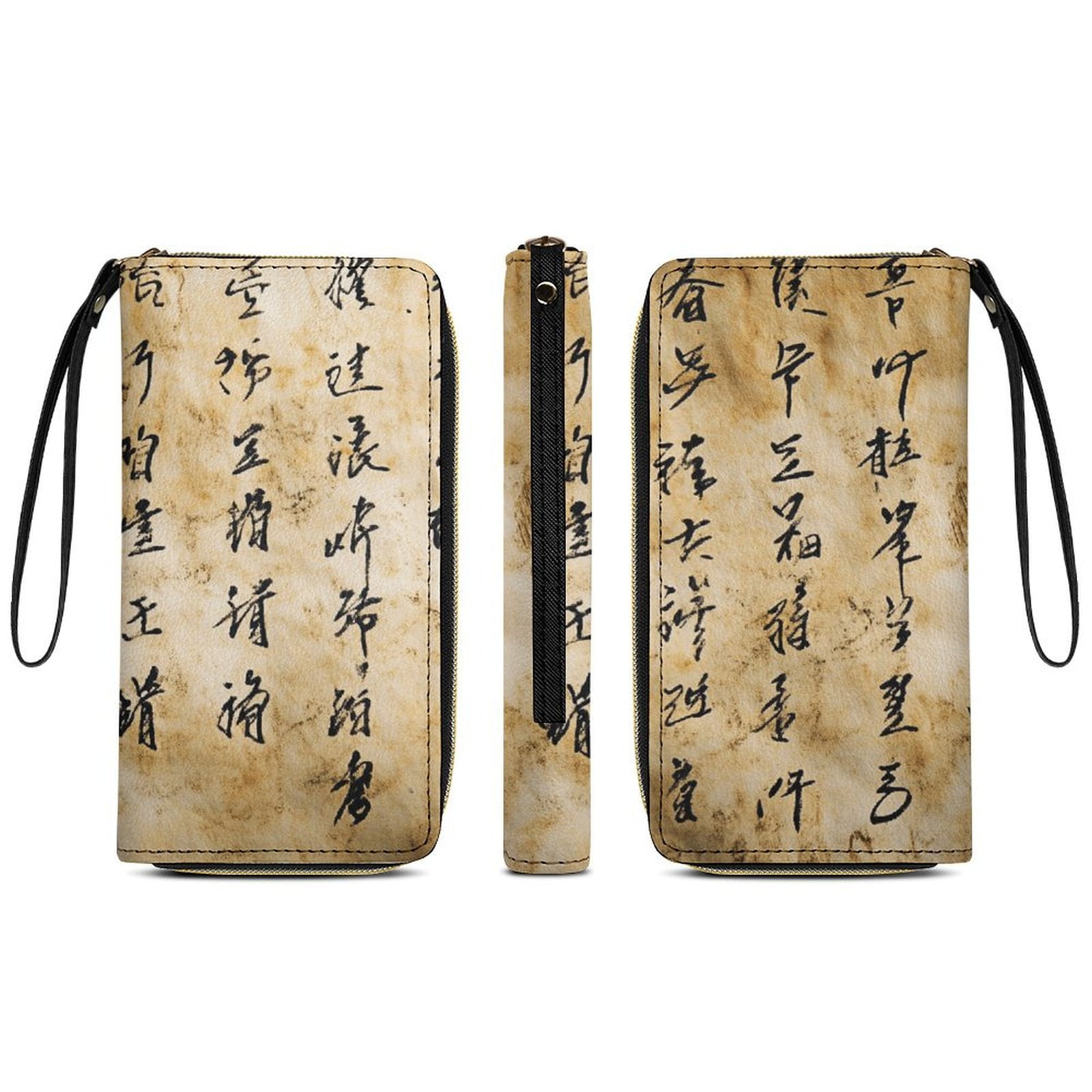 Womens Wallet Bifold Ladies Cluth Bag Wristlet Wrist Strap Long Purse Chinese Word Design