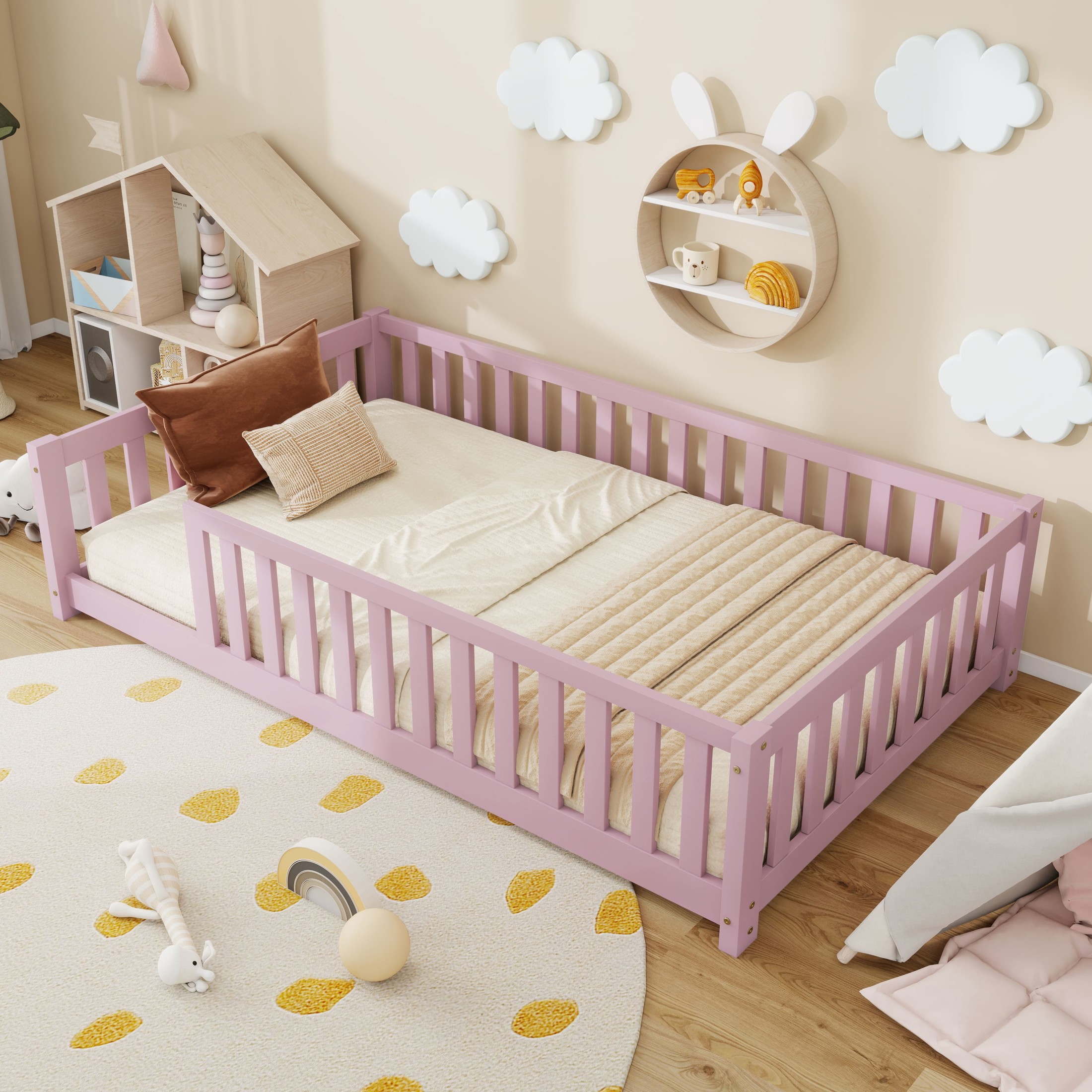 Noble House Wahid Twin Size Floor Bed with High Safety Guardrails, Rubber Wooden Bed Frame, Pink